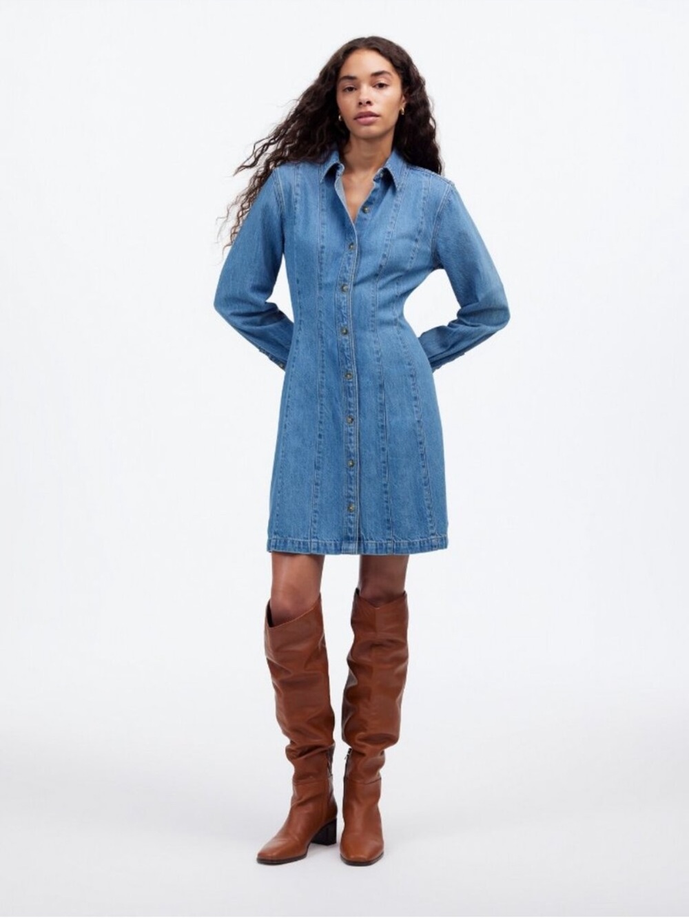 Madewell Ramey Washed Seamed Blue Denim Button-Up Long Sleeve Dress